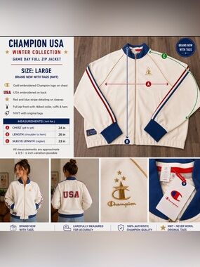 Champion USA Winter Collection Full Zip Jacket NWT Large Cream Red Blue